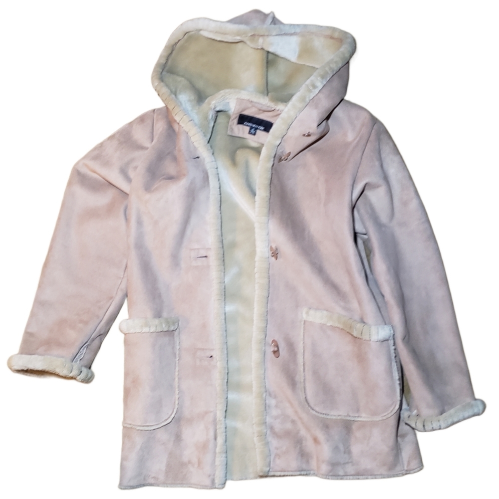 Jones New York Tan Faux Suede Sherpa Jacket Fur Lined Hooded Women's Small
